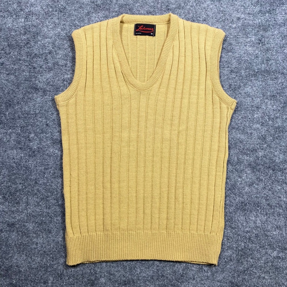 Vintage Lahmar Mustard Yellow Ribbed V-Neck Sweater Vest Women Medium RN 26766‎